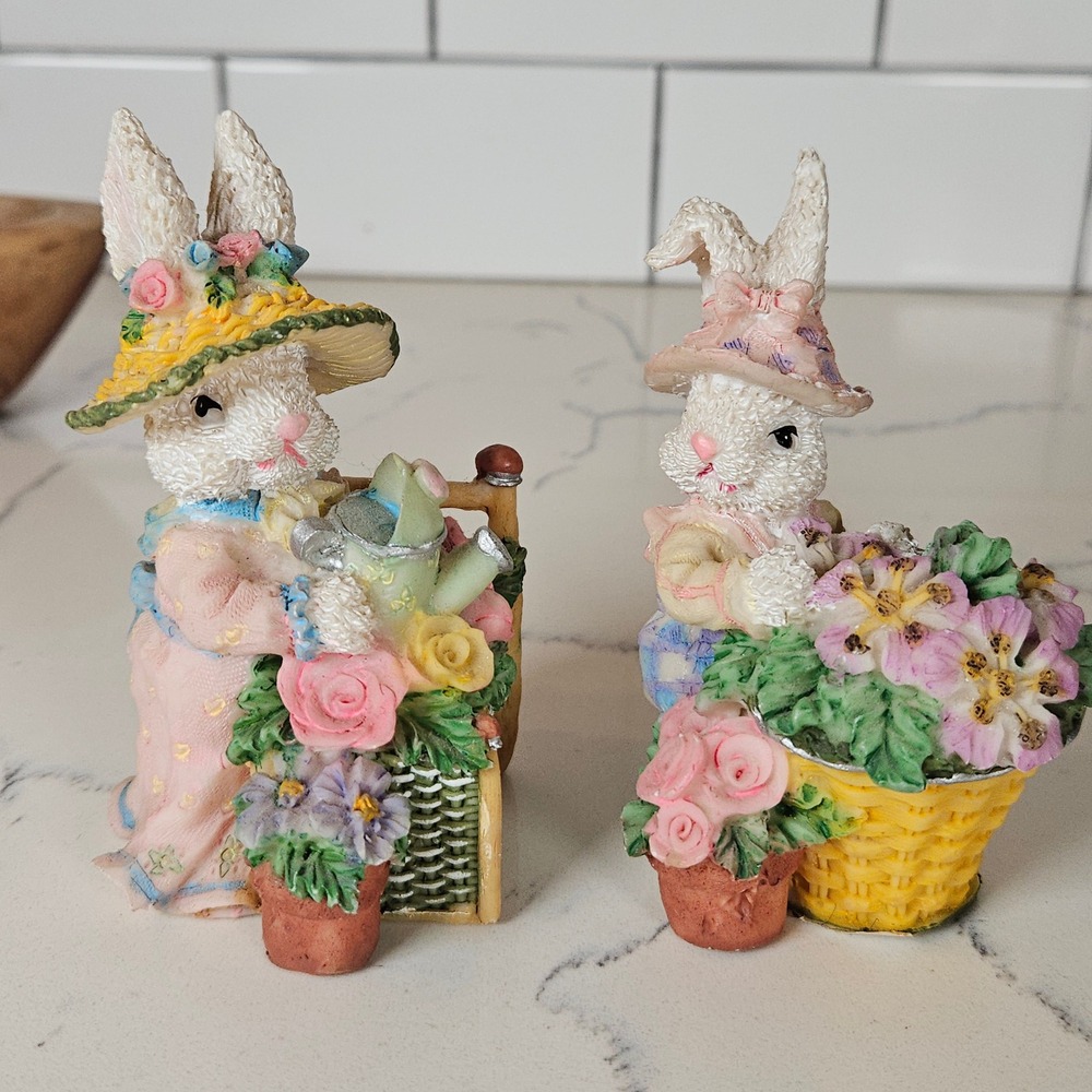 Easter Bunny Figurines Set of 2 Garden Watering Flowers Whimsical Decor